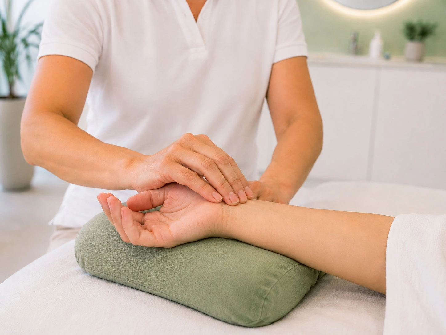 Beurteilung des Pulses am Handgelenk einer Patientin im Akupunktur Zentrum Weinfelden